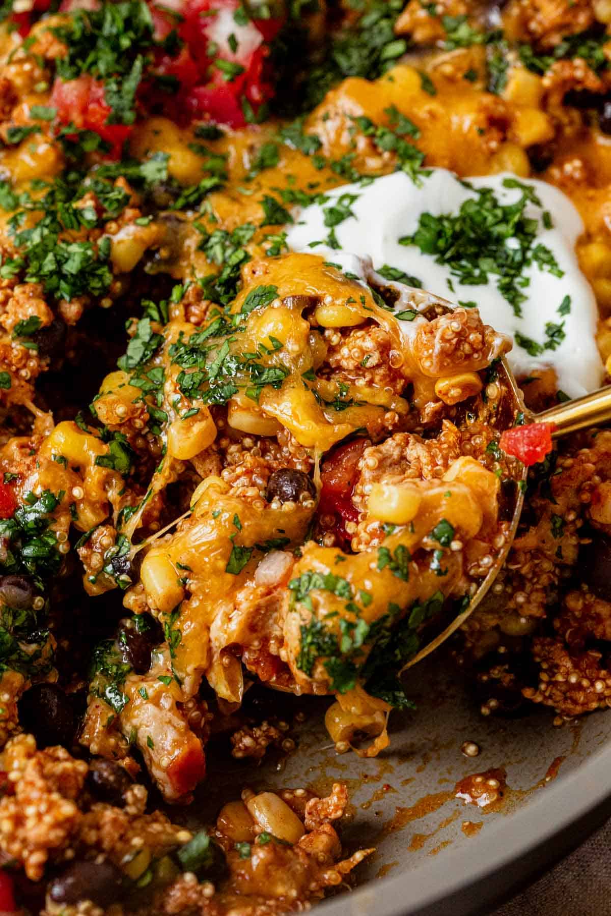 a spoonful of enchilada skillet with melted cheese and cilantro on top.