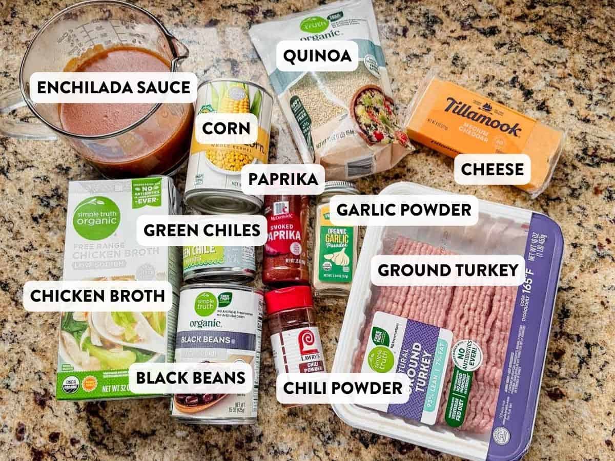 ingredients for enchilada quinoa skillet on a counter.