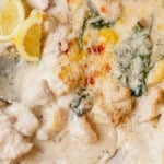 creamy lemon chicken gnocchi in a pan with a serving spoon.
