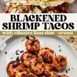 a blackened shrimp taco with slaw and chipotle crema and then a plate of blackened shrimp.