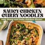 picking up curry noodles with chopsticks and then chicken curry noodles in a dish on the counter.