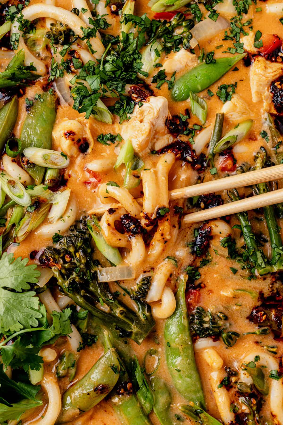 Chopsticks lifting a tangle of chewy udon noodles coated in glossy coconut red curry sauce out of a baking dish with snap peas, broccolini, and chicken.