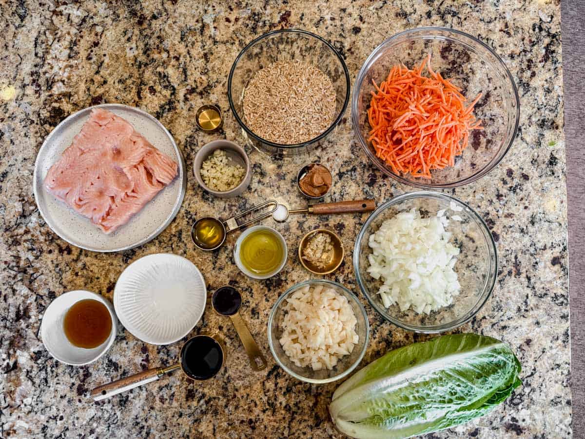ground chicken lettuce wrap ingredients on a counter.