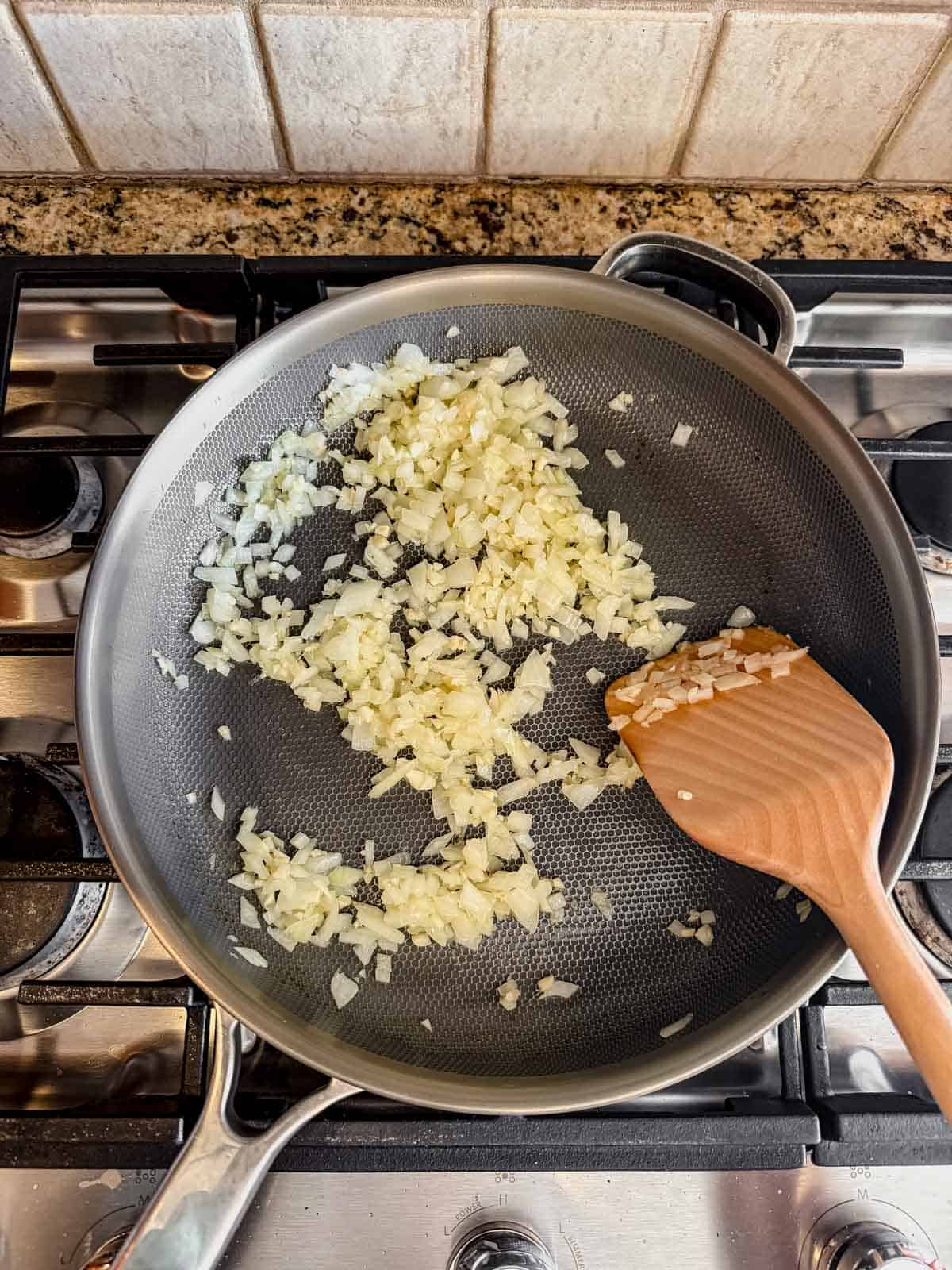 cooking onion and garlic in a skillet.