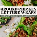picking up a ground chicken lettuce wrap and then 3 lettuce wraps on a serving platter with cilantro and peanuts.