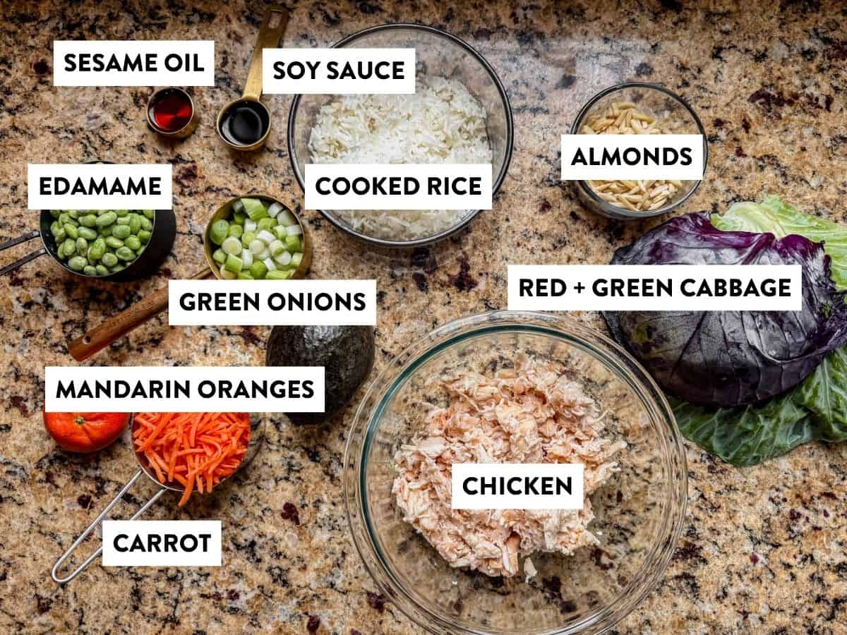 ingredients for mandarin orange chicken salad labeled on a counter.