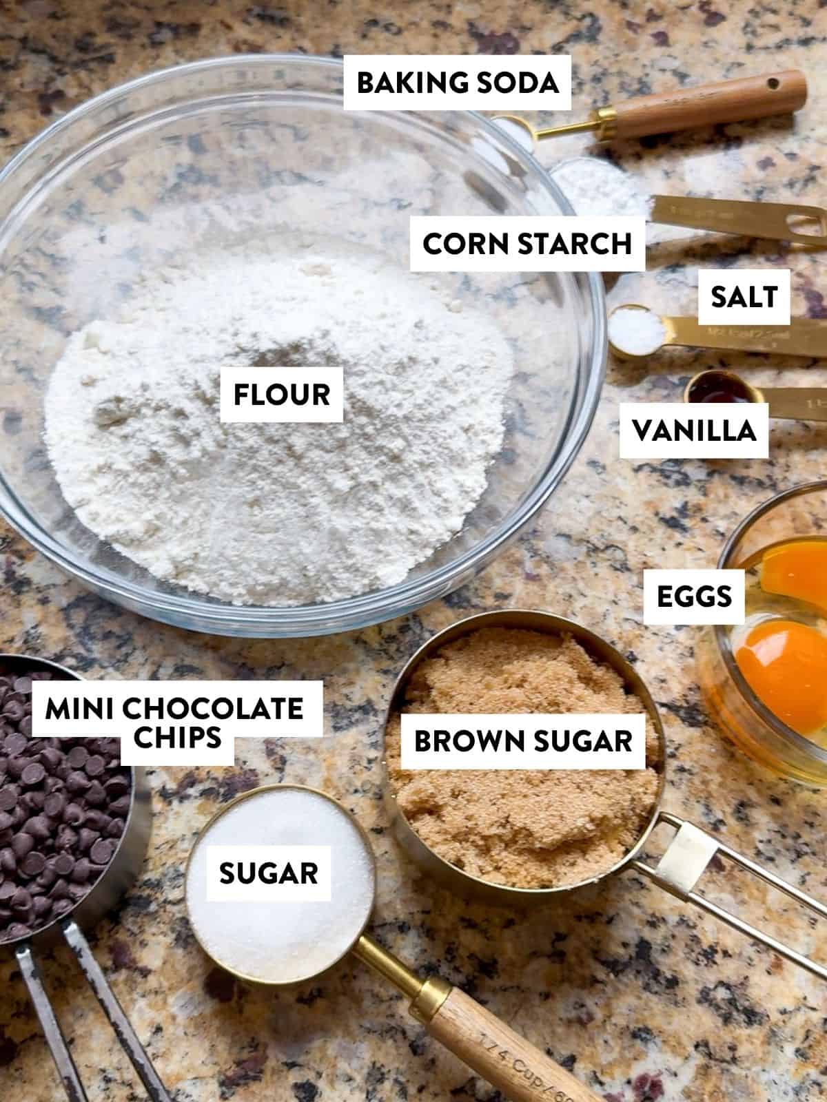 mini chocolate chip cookie ingredients on a counter.