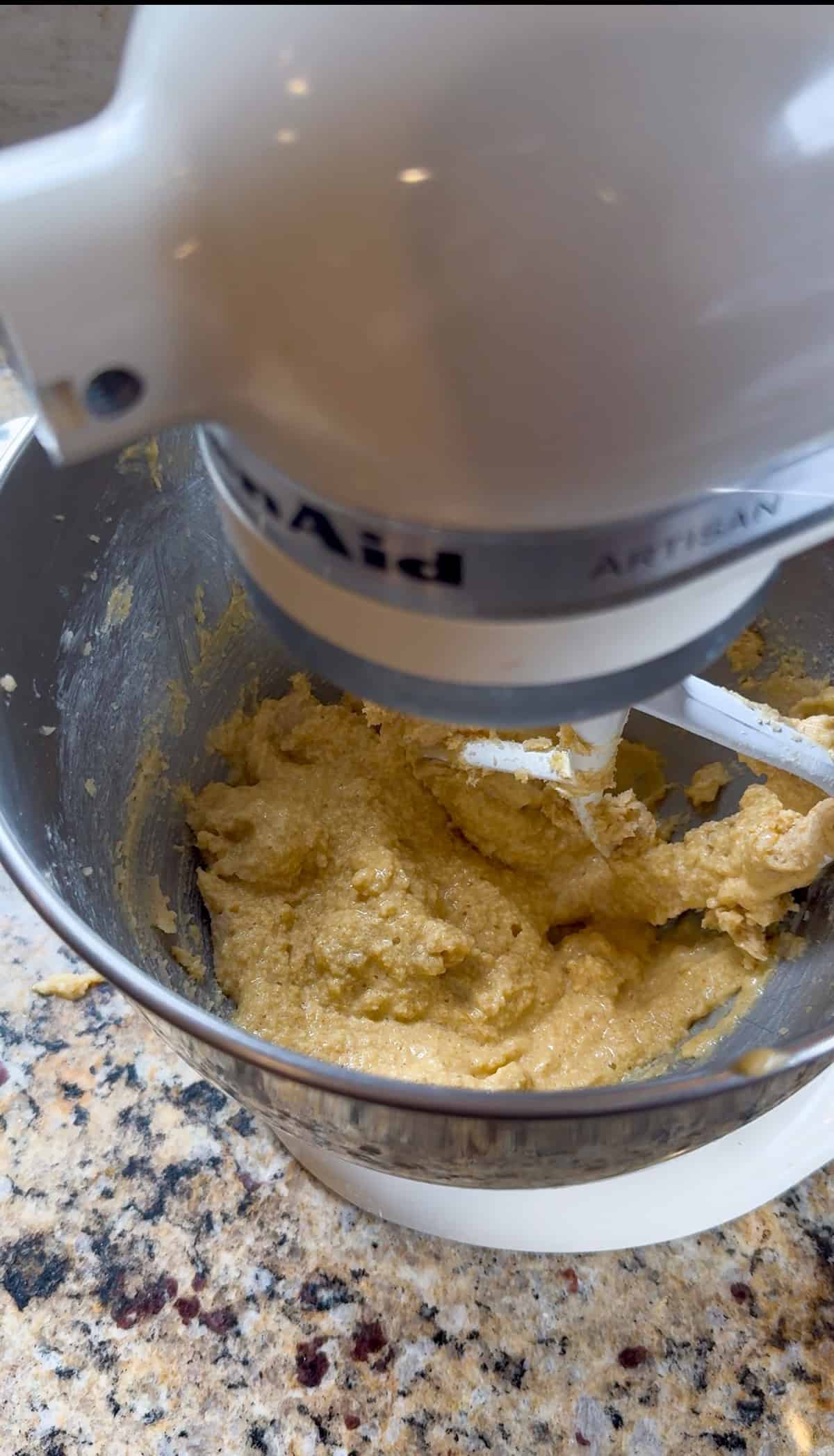 wet ingredietns for mini chocolate chip cookies in a stand mixer.
