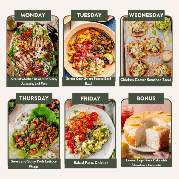 Weekly meal plan graphic showing six dishes: grilled chicken salad (Monday), sweet corn sweet potato beef bowl (Tuesday), chicken Caesar smashed tacos (Wednesday), spicy pork lettuce wraps (Thursday), baked pesto chicken (Friday), and angel food cake (bonus).