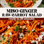 carrot ginger salad in a serving bowl with fresh herbs and then a close up of the dressing covering the shredded carrots.