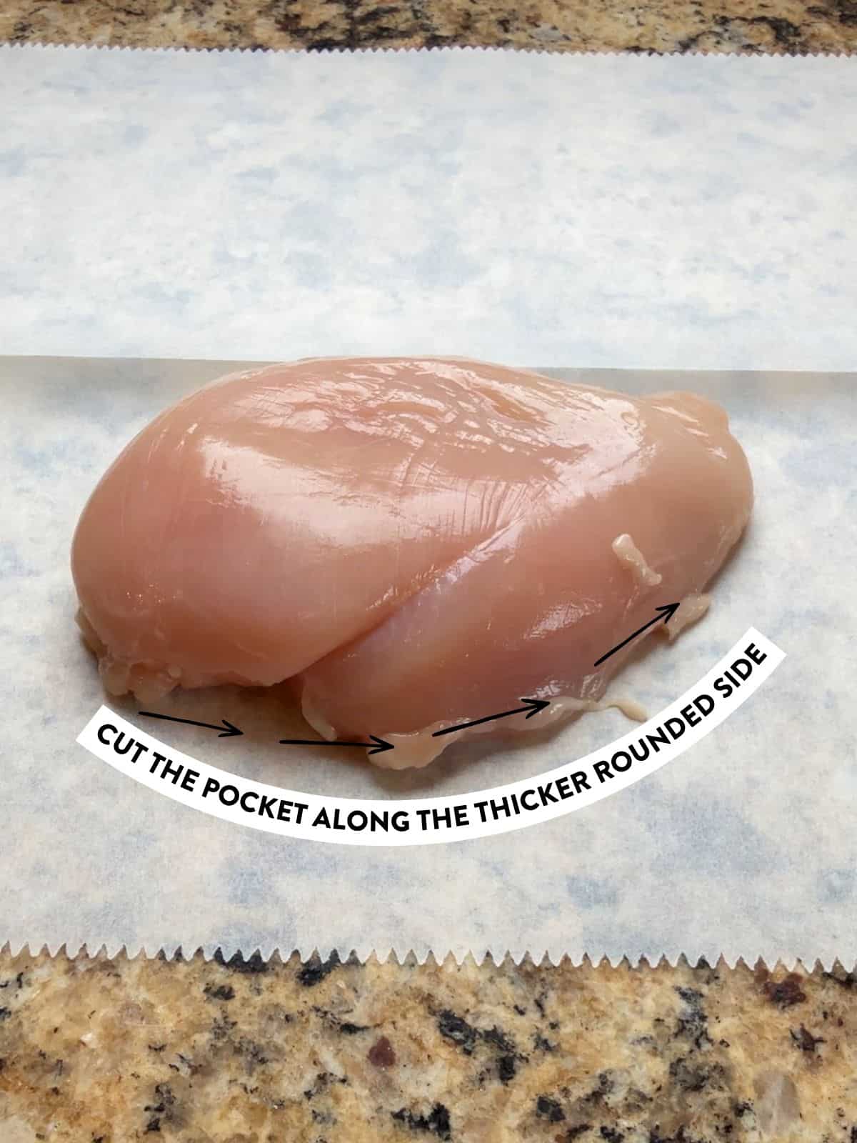Raw chicken breast on parchment paper with a dotted line and arrows indicating to cut the pocket along the thicker rounded side for preparing a pocket in the chicken.