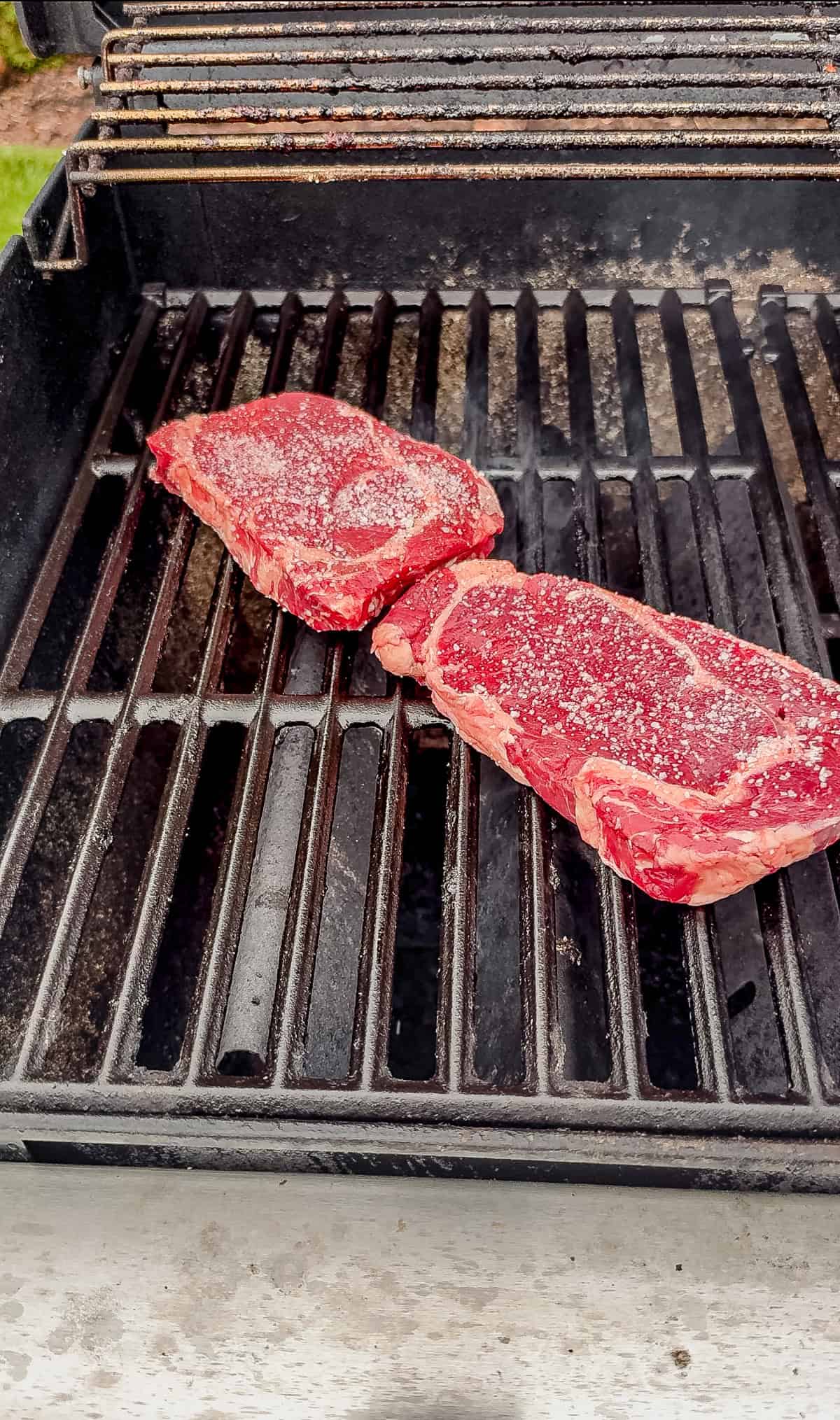 Two raw, seasoned steaks are placed side by side on the grates of an outdoor grill, ready to be cooked. The grill is open, and the steaks appear fresh and red.