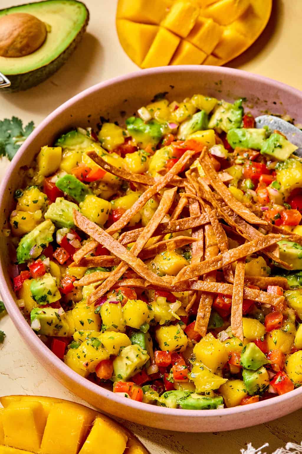 A bowl of vibrant mango avocado salad salsa topped with crispy tortilla strips, surrounded by slices of fresh mango and avocado on a light-colored surface.