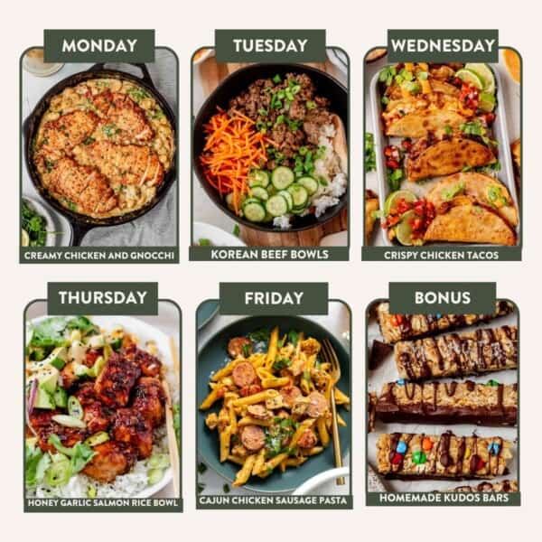 A weekly meal plan with photos shows: creamy chicken and gnocchi (Monday), Korean beef bowls (Tuesday), crispy chicken tacos (Wednesday), honey garlic salmon rice bowl (Thursday), Cajun chicken sausage pasta (Friday), and homemade kudos bars (Bonus).
