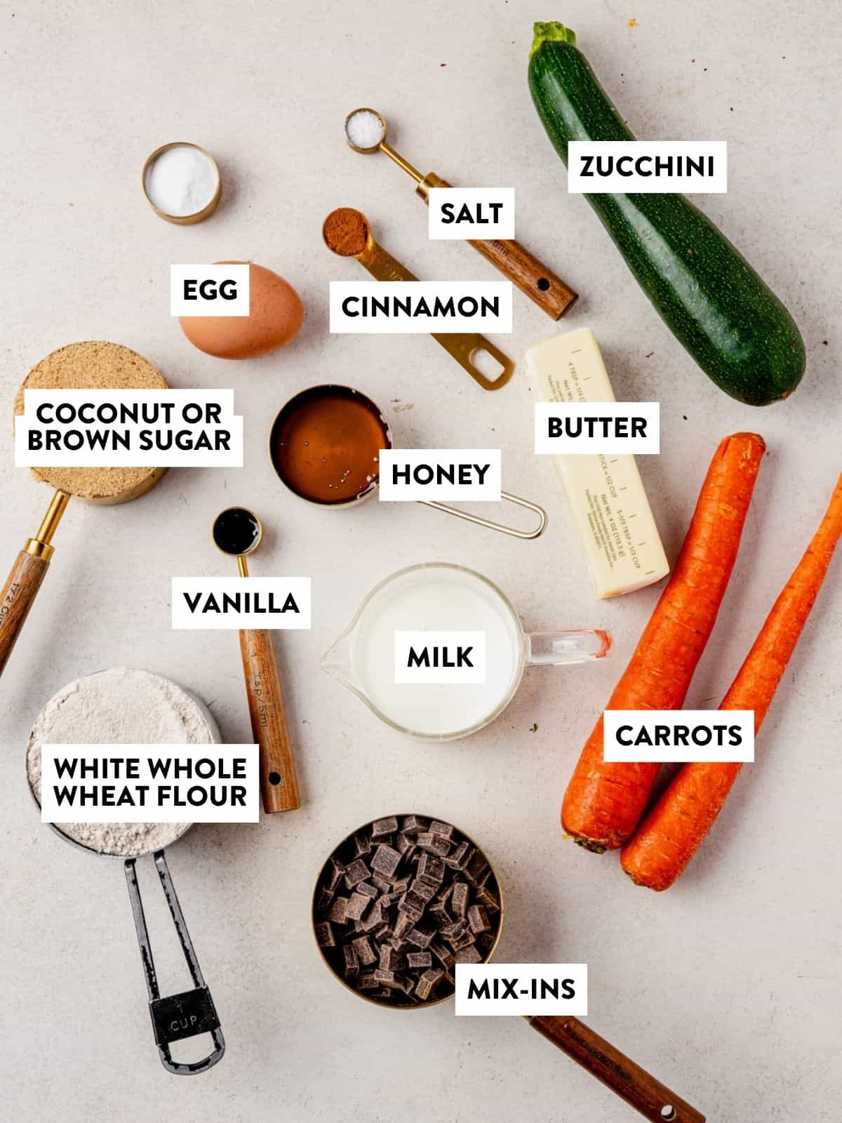 Top-down view of labeled baking ingredients on a counter: zucchini, carrots, egg, butter, salt, cinnamon, coconut or brown sugar, honey, vanilla, milk, white whole wheat flour, and mix-ins (chocolate chunks).