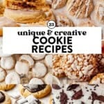 A collage of various unique cookies, some drizzled with icing, others dusted with powdered sugar. The center text reads โ23 unique & creative cookie recipes.โ.