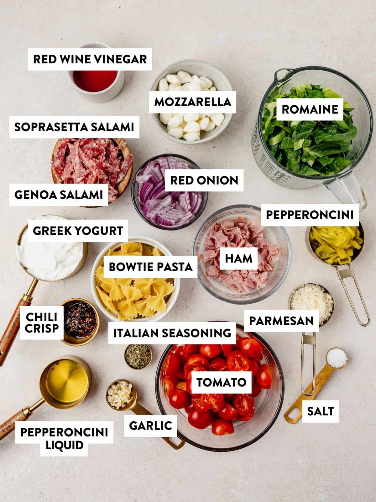 An assortment of labeled salad ingredients on a countertop, including mozzarella, romaine, salami, red onion, Greek yogurt, bowtie pasta, ham, pepperoncini, parmesan, tomatoes, garlic, and seasonings.