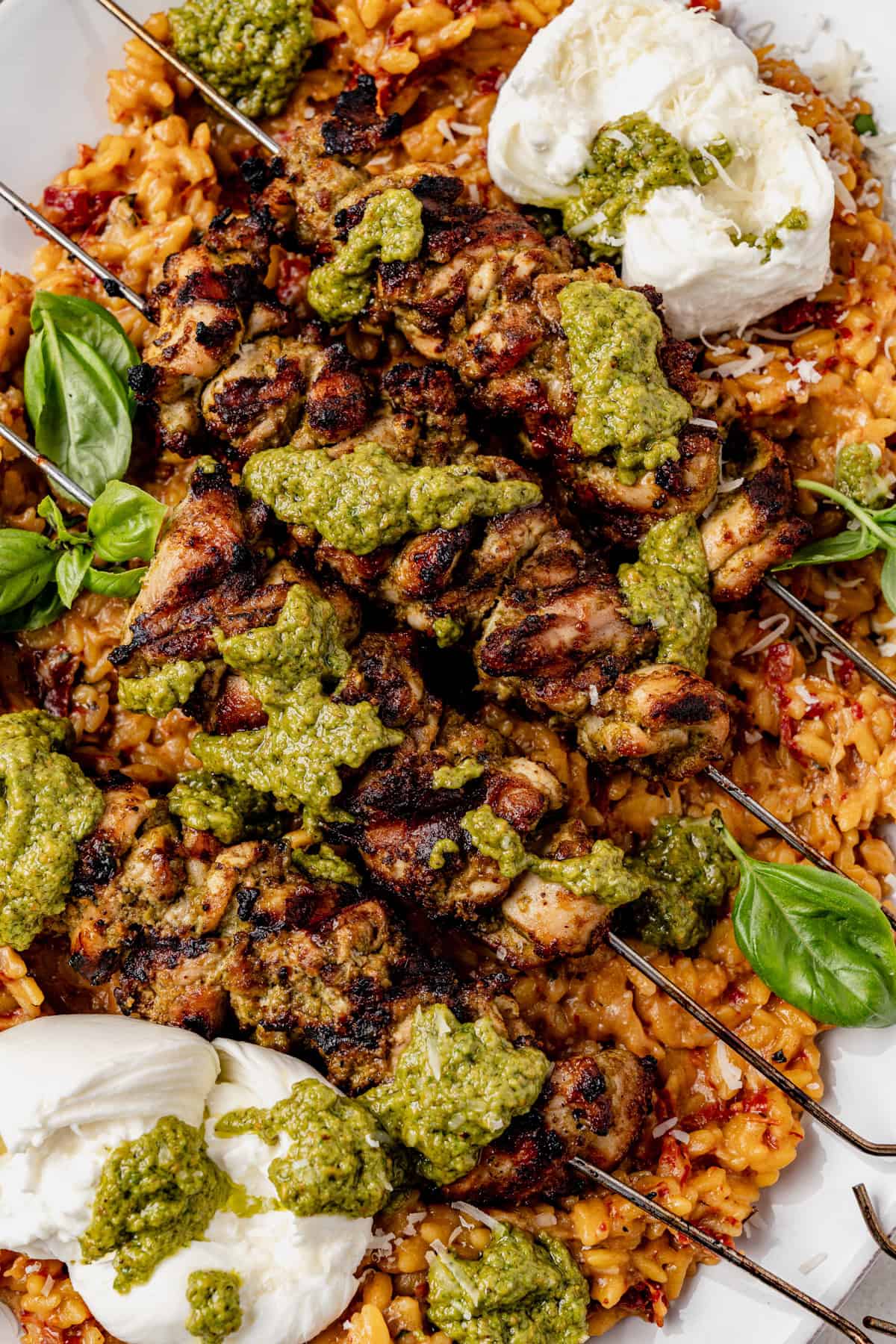 Grilled chicken skewers with green pesto sauce served over sun dried tomato orzo, garnished with fresh basil leaves and dollops of creamy burrata cheese.