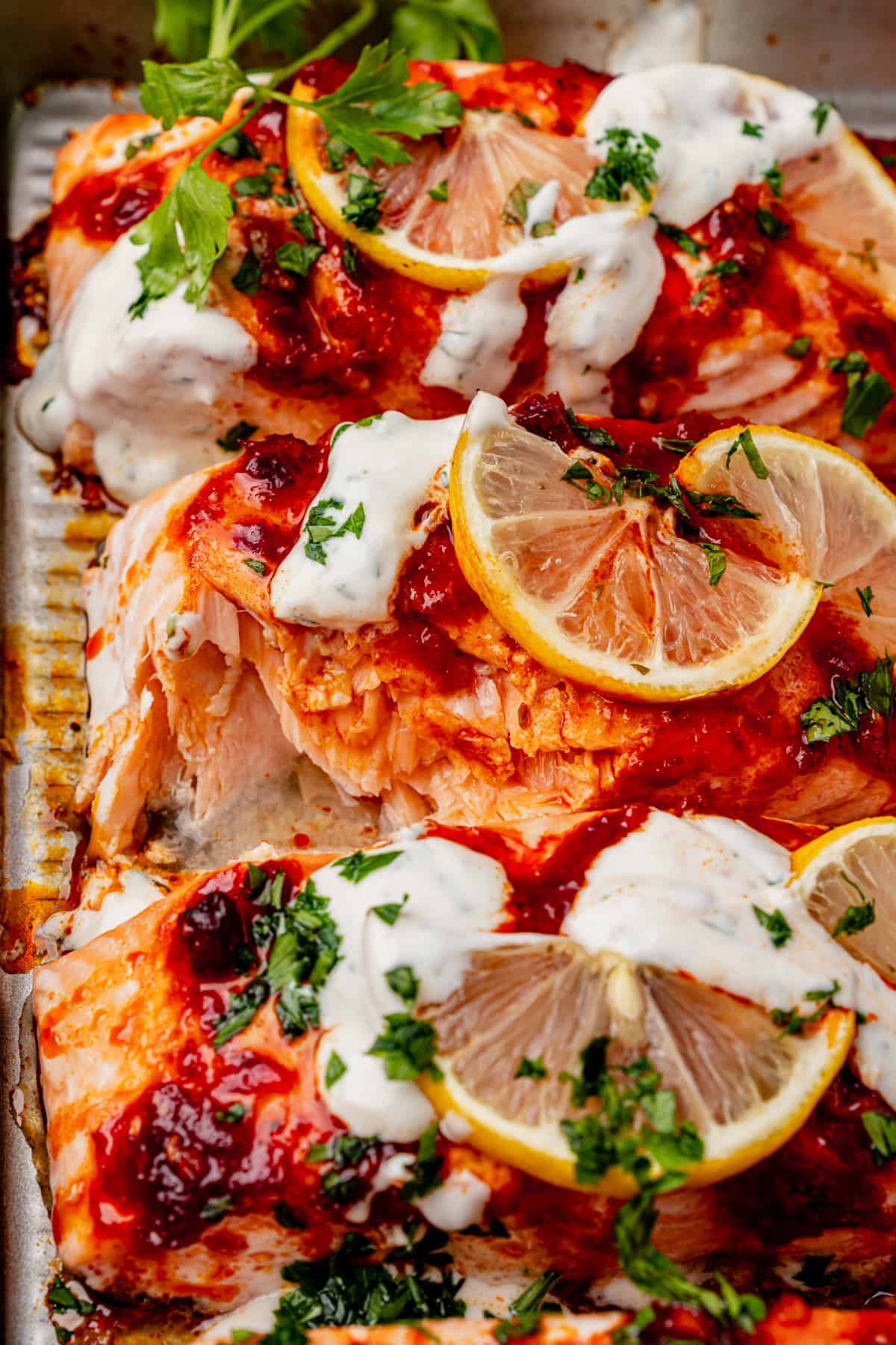 Baked harissa salmon fillets topped with lemon slices, creamy white sauce, red seasoning, and chopped parsley on a metal tray.