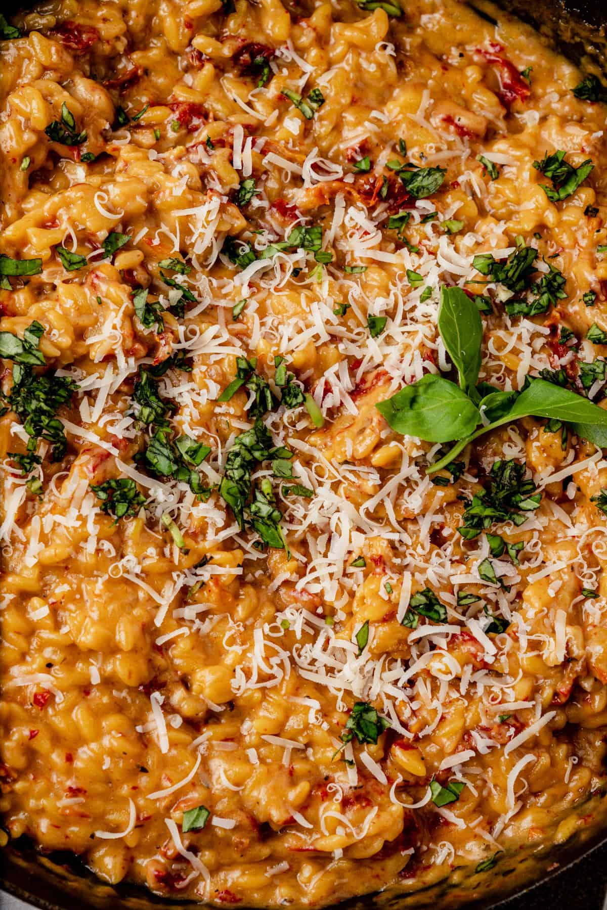 Creamy sun-dried tomato orzo with grated parmesan cheese, and fresh chopped basil, served in a cast-iron skillet with a spoon.