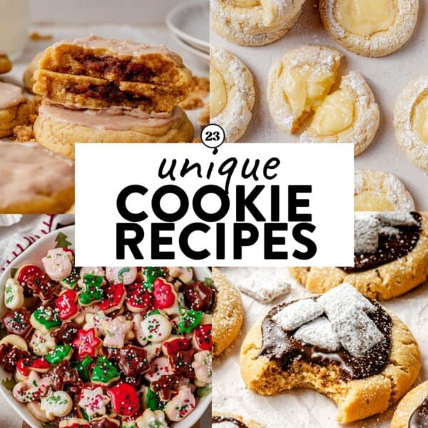 A collage of cookies: frosted sandwich cookies, thumbprint cookies, colorful holiday cookies, and chocolate-dipped cookies with powdered sugar. Text in the center reads “23 unique cookie recipes.”.