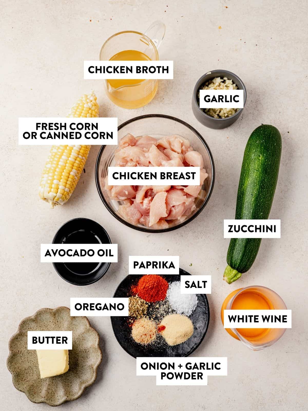 Overhead view of labeled ingredients for a delicious chicken zucchini skillet: chicken broth, garlic, zucchini, corn, chicken breast, avocado oil, paprika, salt, oregano, butter, onion and garlic powder, and white wine arranged on a white surface.