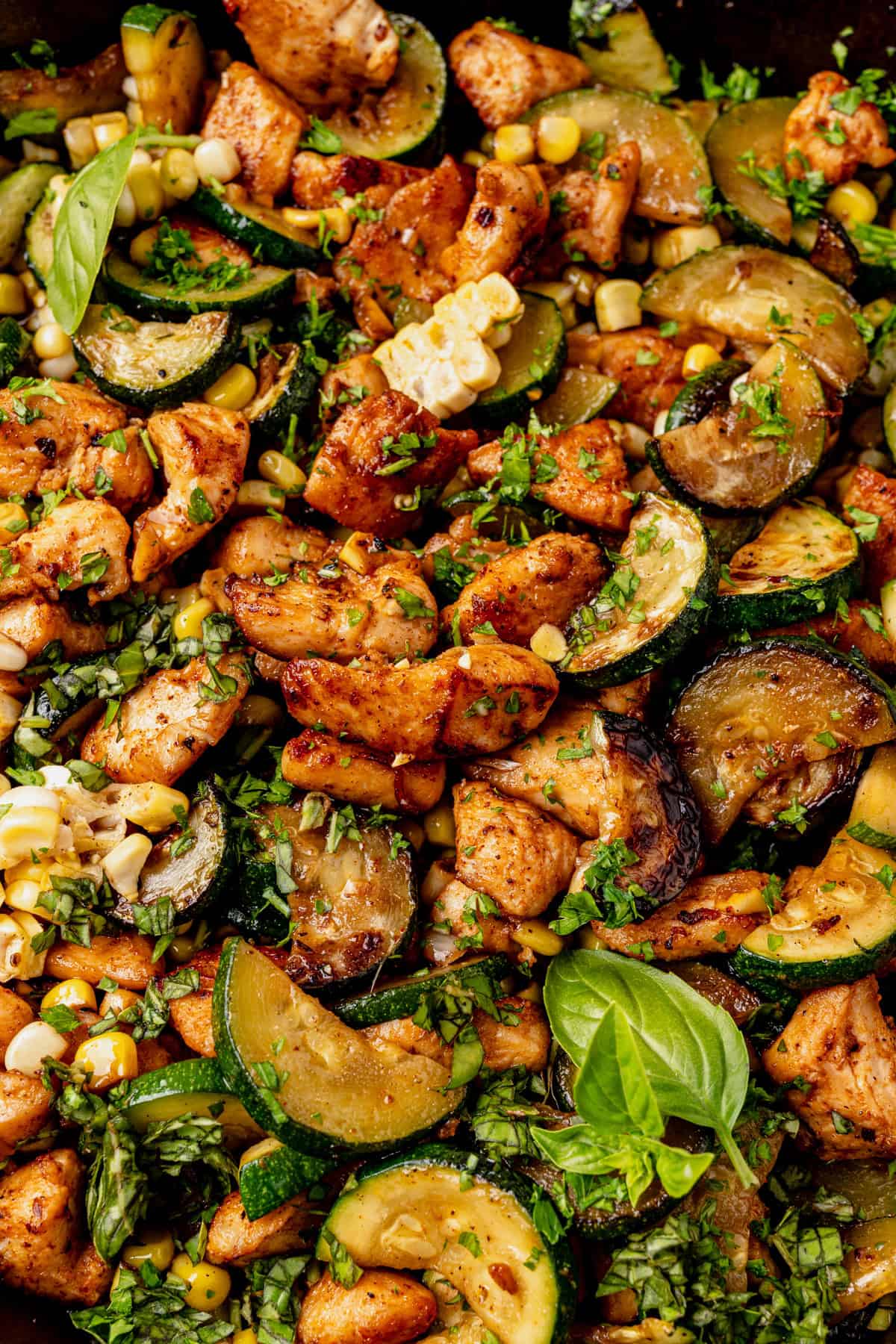Cooked chicken pieces mixed with sliced zucchini, corn kernels, fresh basil, and herbs come together in this vibrant chicken zucchini skillet, creating a colorful and appetizing dish with visible seasoning and texture.