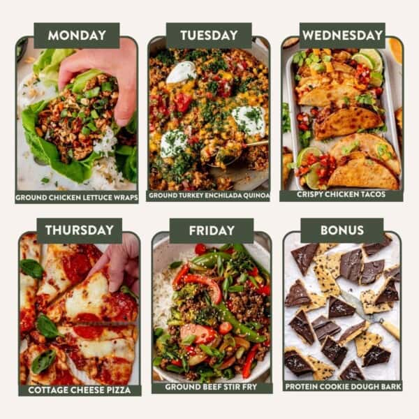 Weekly meal plan with photos: Monday—lettuce wraps, Tuesday—turkey enchilada quinoa, Wednesday—chicken tacos, Thursday—cheese pizza, Friday—beef stir fry, plus bonus—chocolate cookie dough bark.
