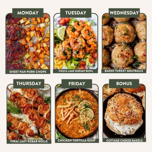 Weekly meal plan with six labeled images: sheet pan pork chops with potatoes (Monday), shrimp bowl with lime (Tuesday), turkey meatballs (Wednesday), kebab rolls (Thursday), tortilla soup (Friday), and cottage cheese bagels (Bonus).