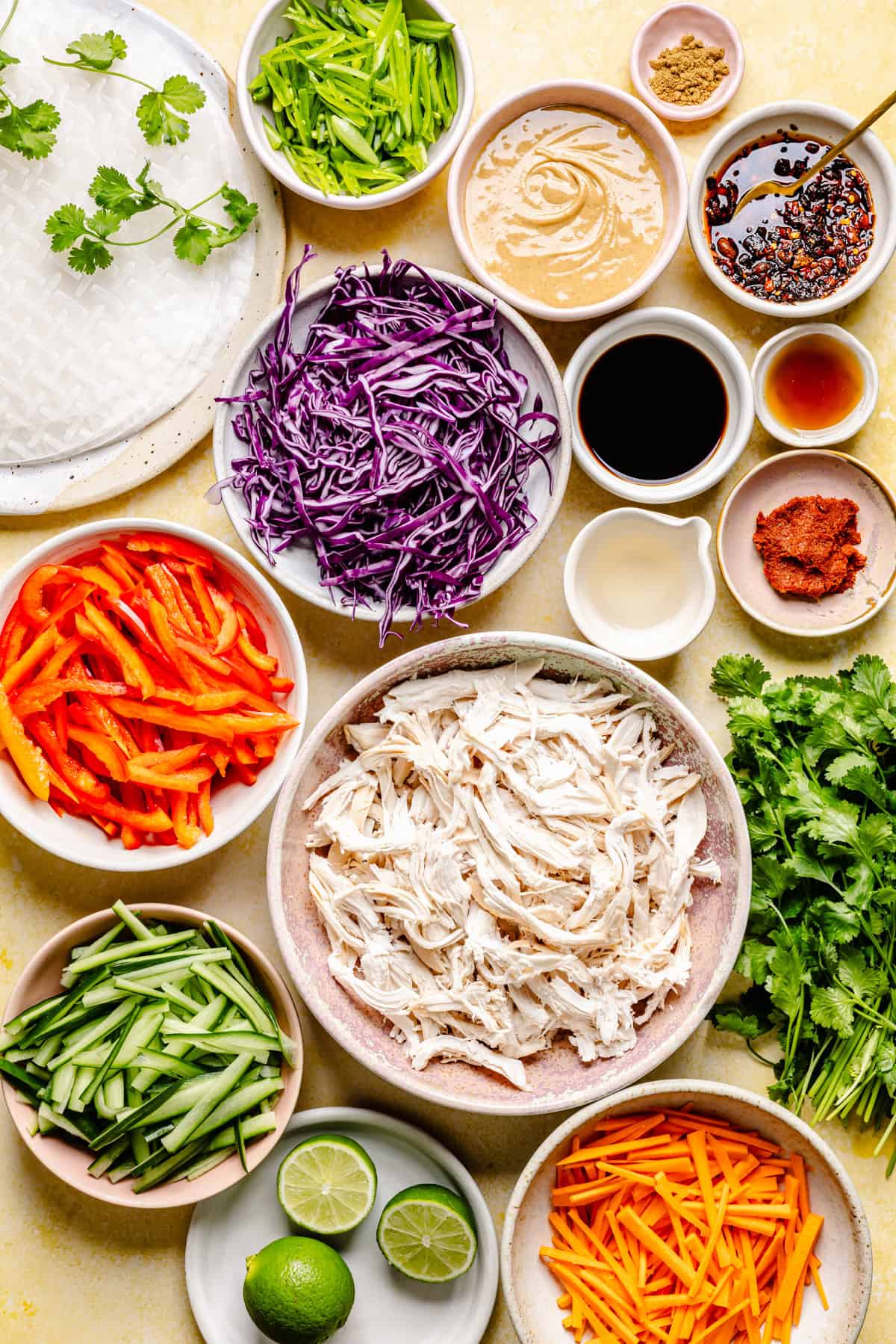 Colorful ingredients for a Vietnamese spring roll, reminiscent of Thai summer rolls with peanut sauce, including shredded chicken, sliced red peppers, cucumber, carrots, purple cabbage, cilantro, lime, sauces, and spices, arranged in bowls on a light surface.