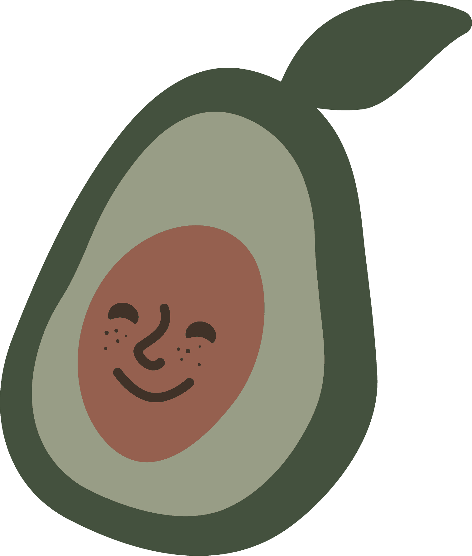 A cartoon avocado half with a smiling face and freckles on the seed, a green leaf on top, perfect for inspiring healthy recipes.