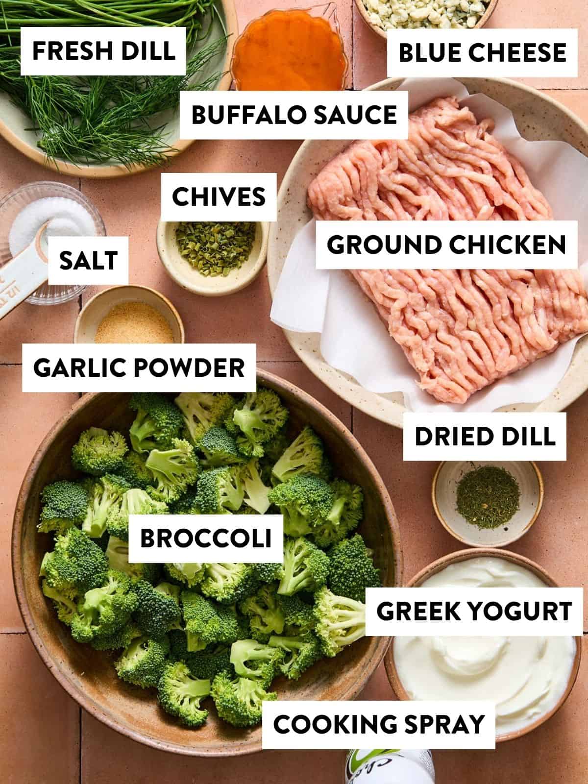 A top-down view of labeled ingredients for a recipe, including fresh dill, blue cheese, buffalo sauce, chives, ground chicken, salt, garlic powder, dried dill, broccoli, Greek yogurt, and cooking spray.