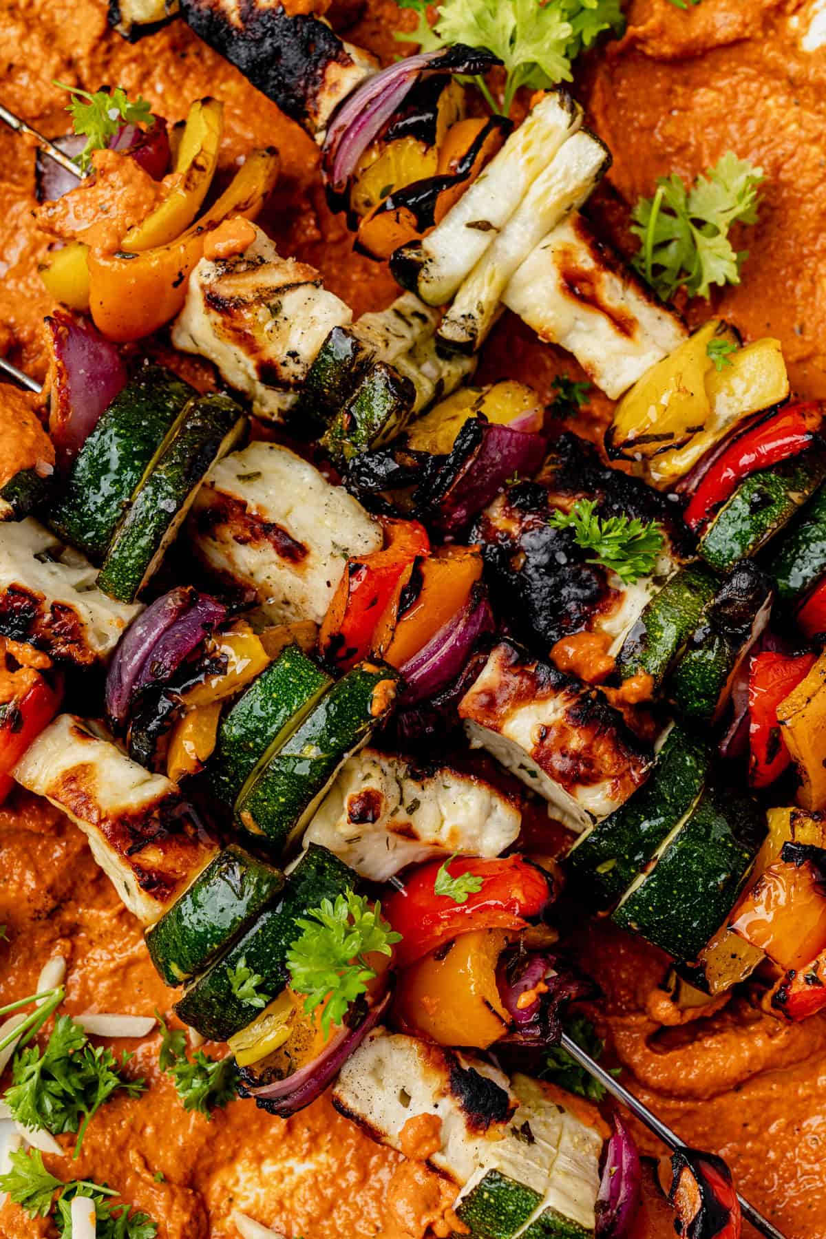 Grilled halloumi kebabs featuring zucchini, bell peppers, red onion, and halloumi cheese are served on a bed of creamy reddish-orange sauce and garnished with fresh parsley.