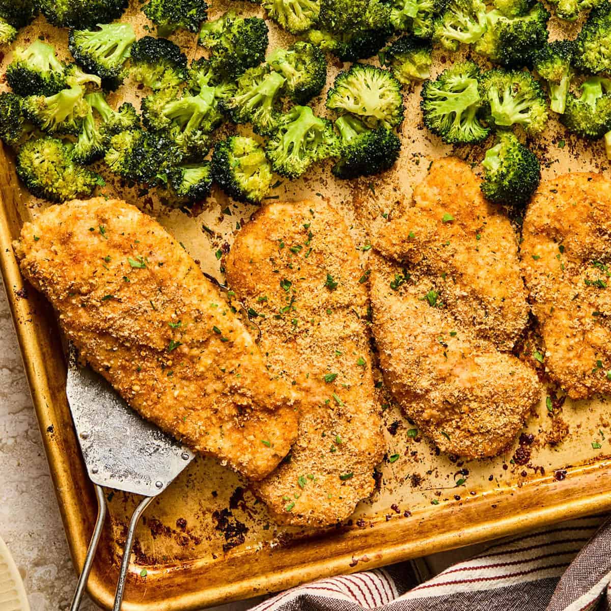 Baked parmesan crusted chicken breasts and roasted broccoli on a sheet pan, with a metal spatula lifting one chicken piece.