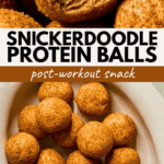 A plate of round snickerdoodle protein balls, with one showing a bite taken out. Text reads: Snickerdoodle Protein Balls—your perfect post-workout snack. What Molly Made.