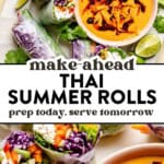 Fresh Thai summer rolls with vibrant vegetables are served with a creamy peanut-orange dipping sauce, garnished with chili oil. Text reads: thai summer rolls with peanut sauce—make-ahead, prep today, serve tomorrow.