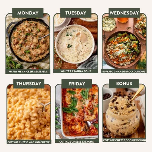 Weekly meal plan with photos: chicken meatballs on Monday, lasagna soup Tuesday, broccoli bowl Wednesday, mac and cheese Thursday, lasagna Friday, and cookie dough as a bonus. Each dish appears in a labeled box.