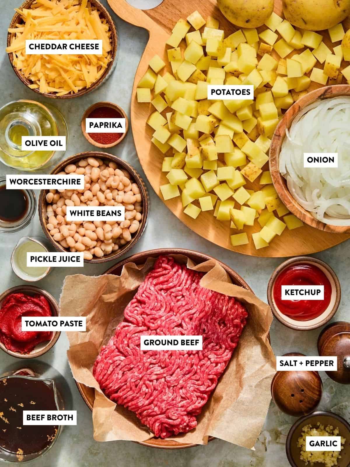 Top-down view of labeled ingredients for a recipe, including ground beef, diced potatoes, sliced onions, white beans, cheddar cheese, ketchup, broth, garlic, spices, olive oil, and other seasonings in bowls and on a board.