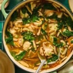 A pot of homemade dumpling soup with spinach, sliced mushrooms, carrots, chopped green onions, and a clear broth. A large spoon rests in the pot, ready to serve.