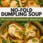 A bowl of dumpling soup with dumplings, sliced mushrooms, carrots, spinach, and green onions in a savory broth. Text reads: No-fold dumpling soup, the easiest homemade dumplings..