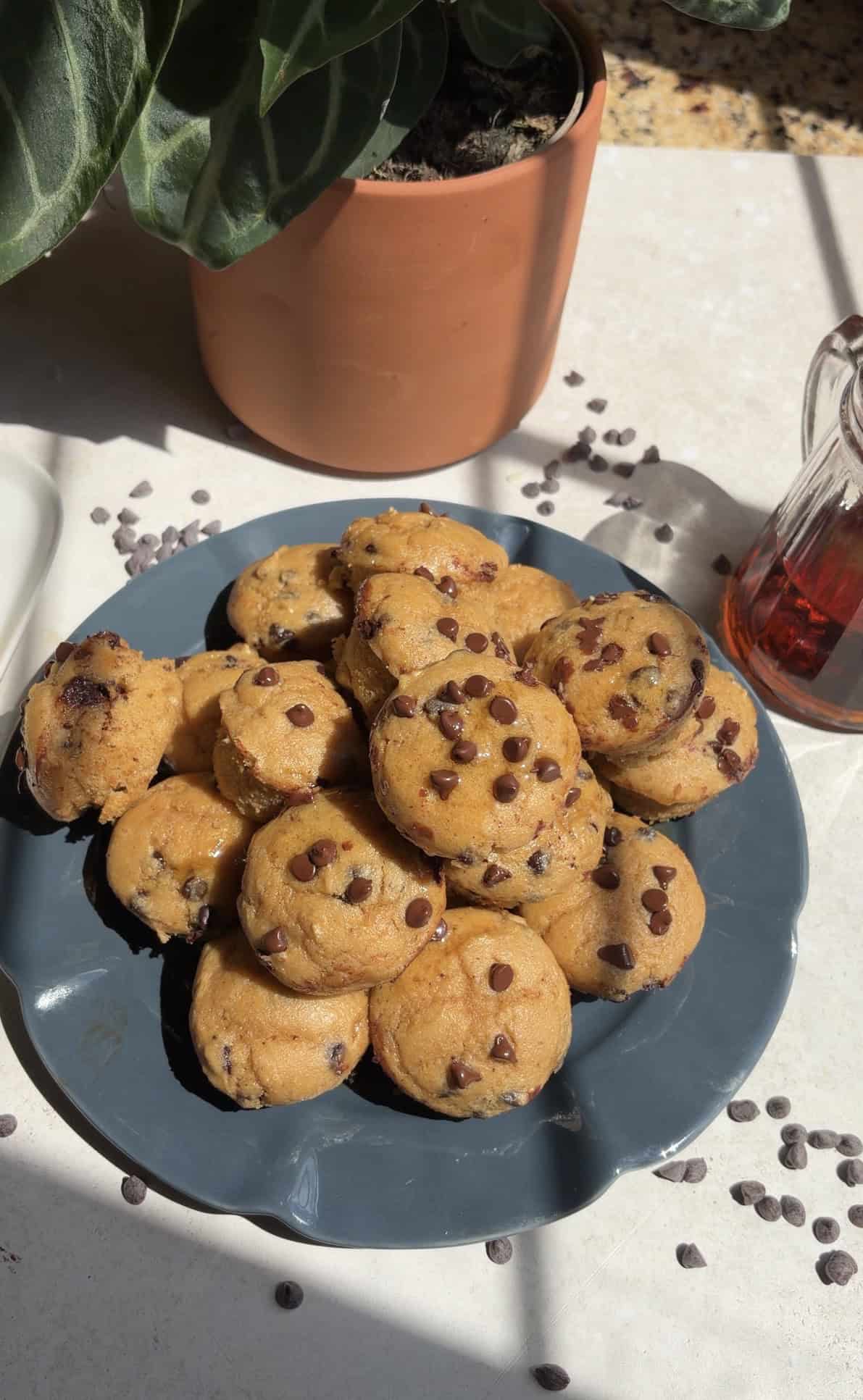 A plate of mini chocolate chip protein pancake bites sits on a sunlit surface, surrounded by scattered chocolate chips, a potted plant, and a small pitcher of syrup.