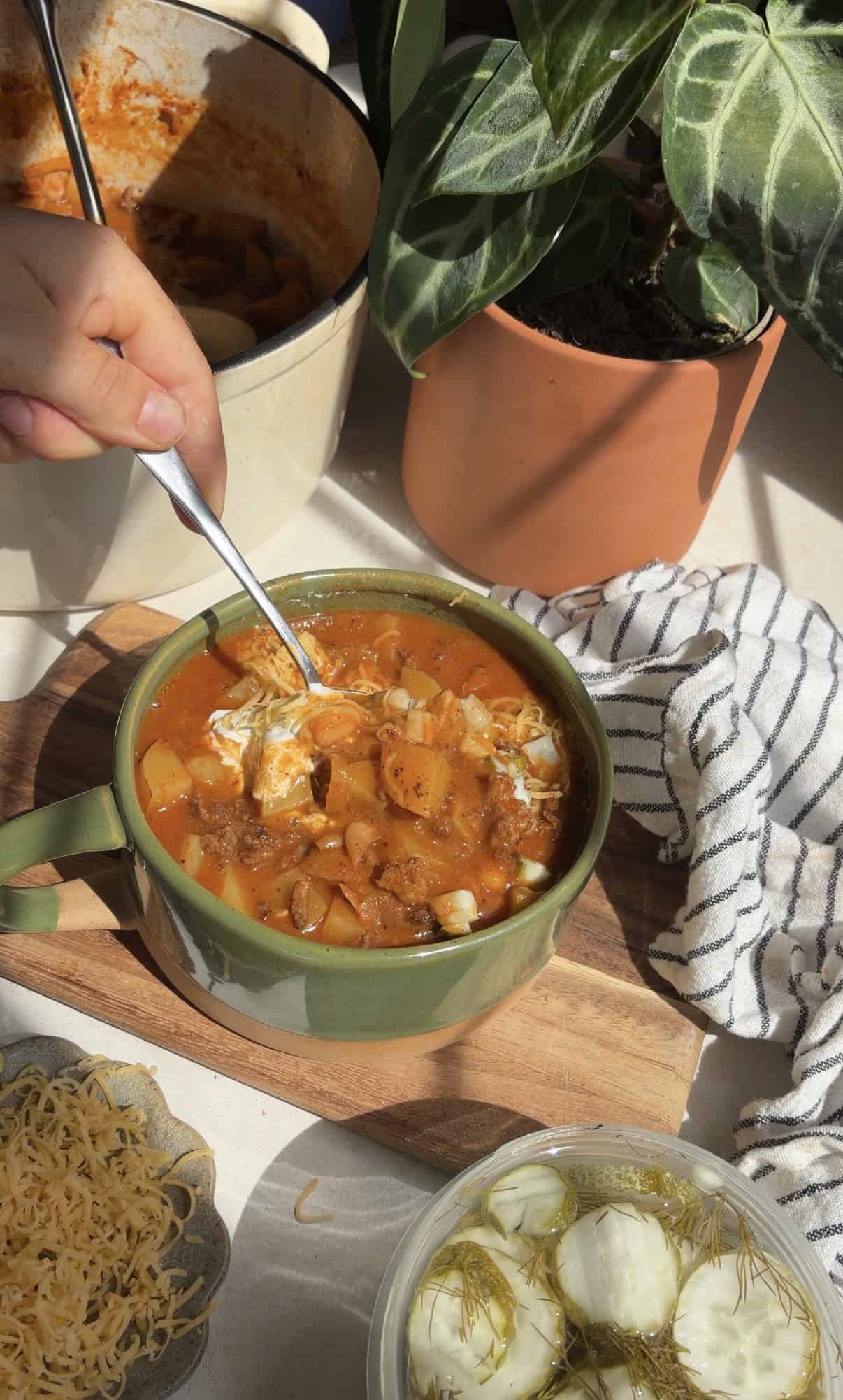 A hand stirs a spoon in a green bowl of smashburger soup on a wooden tray, with cheese, pickles, a plant, and a striped cloth nearby, all in bright sunlight.