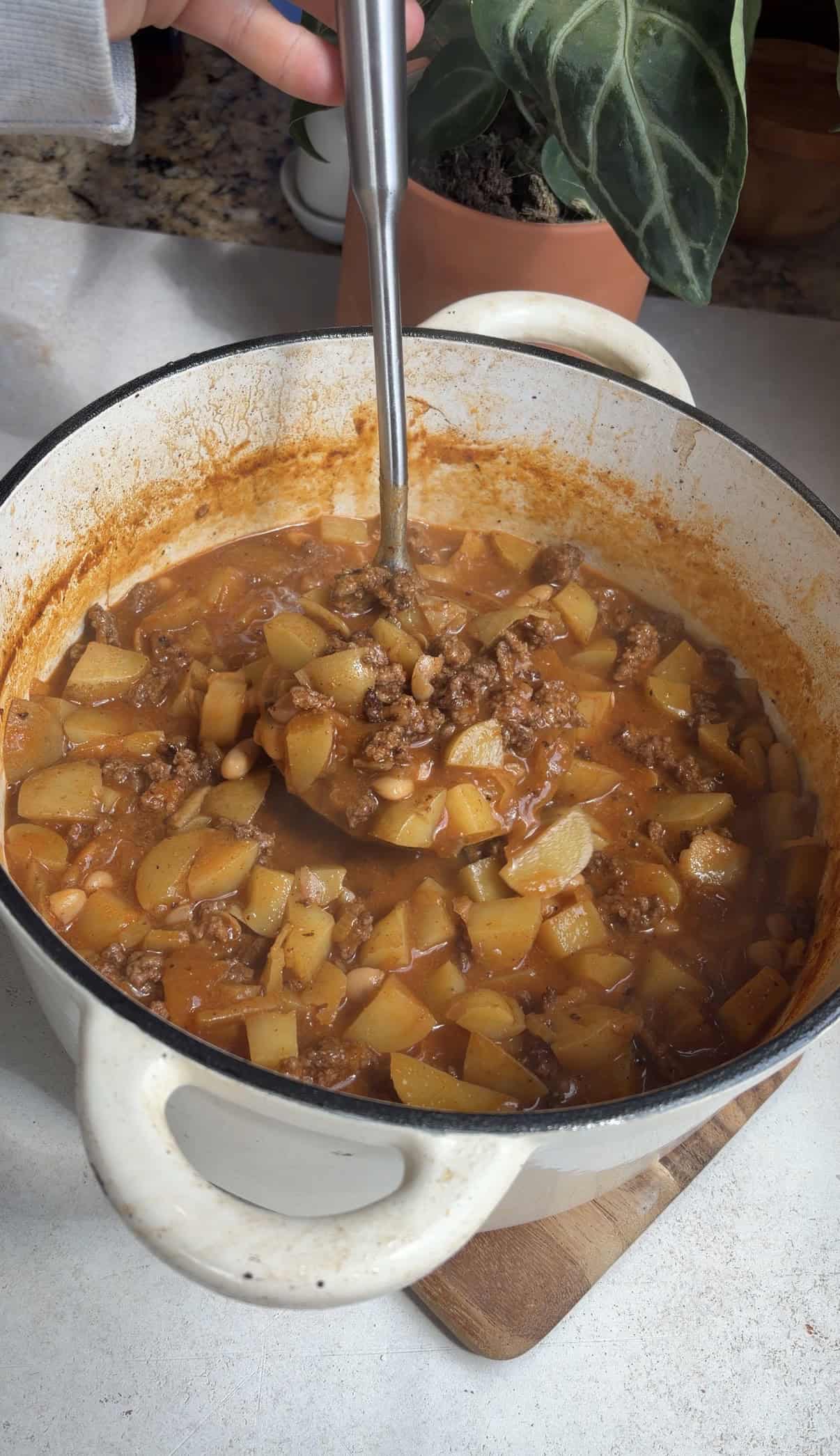 A white pot filled with a hearty smashburger soup containing ground meat, potatoes, beans, and tomato-based broth. A metal ladle is resting in the pot, and a leafy plant is partially visible in the background.