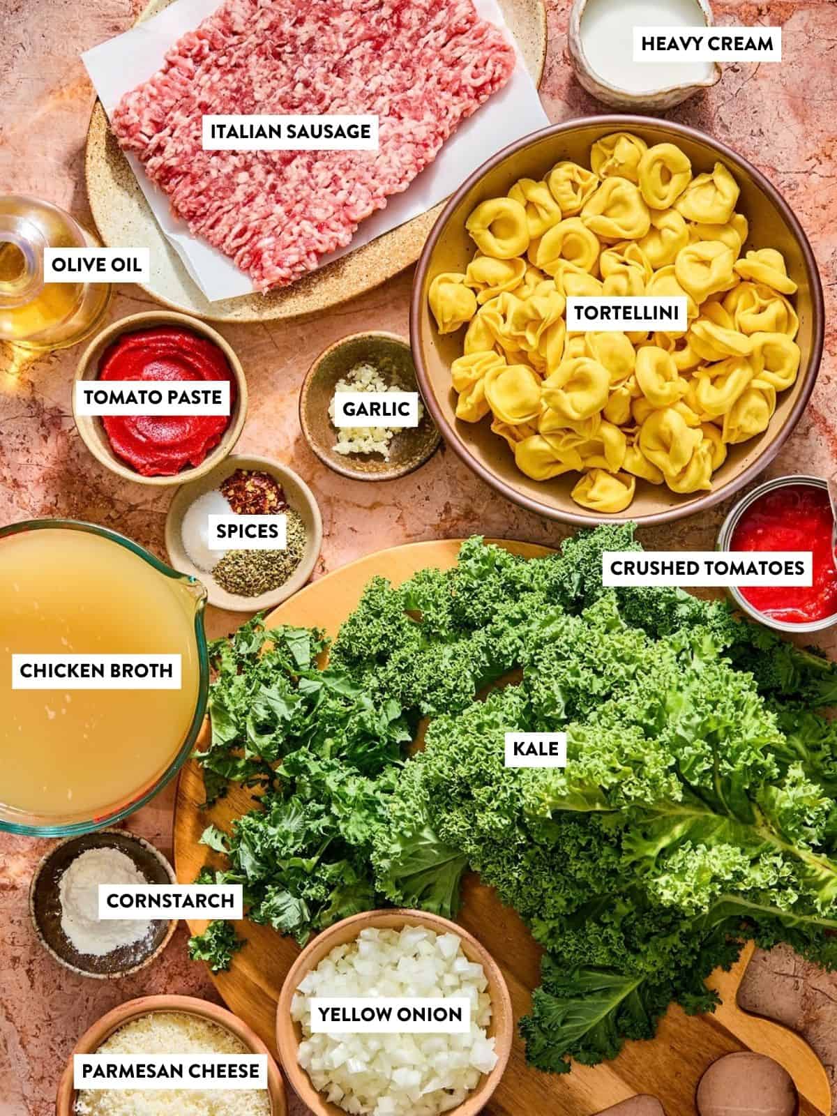 Labeled ingredients for creamy sausage and tortellini soup on a table, including Italian sausage, tortellini, kale, chicken broth, heavy cream, olive oil, tomato paste, garlic, spices, crushed tomatoes, cornstarch, yellow onion, and parmesan cheese.
