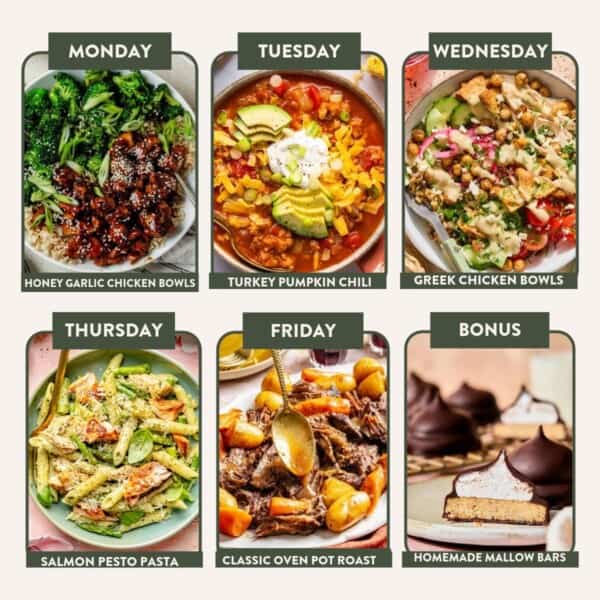 A weekly meal plan collage featuring honey garlic chicken bowls, turkey pumpkin chili, Greek chicken bowls, salmon pesto pasta, classic oven pot roast, and homemade mallow bars.