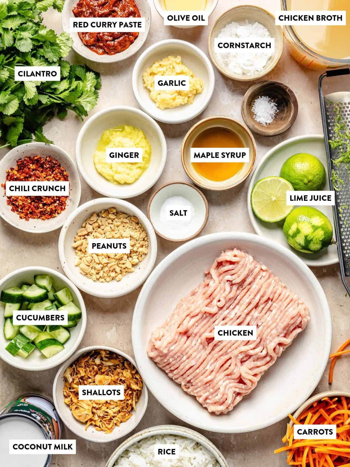 A top-down view of bowls containing ingredients for curry broth bowls, including ground chicken, chopped peanuts, cucumbers, shallots, garlic, ginger, red curry paste, chili crunch, lime juice, maple syrup, coconut milk, and rice.