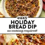 A bowl of holiday bread dip topped with herbs, nuts, and dried fruit, with text overlay reading Easy Holiday Bread Dip, no cooking required! and a hand dipping a piece of bread into the mixture.