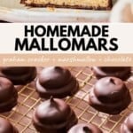 A chocolate-covered marshmallow cookie cut in half to show layers, above text reading Homemade Mallomars and a tray of whole chocolate-covered cookies on a wire rack.